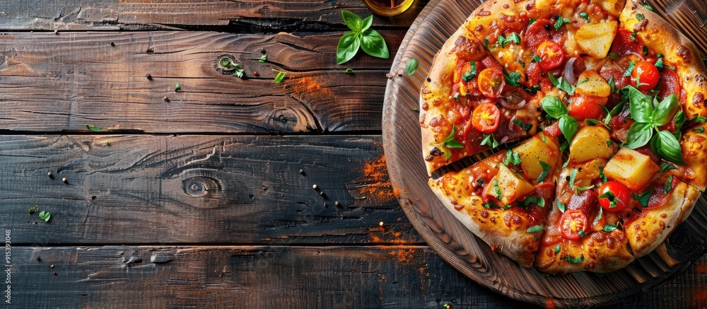 Poster closed pizza with potato filling vertical image top view copy space for text