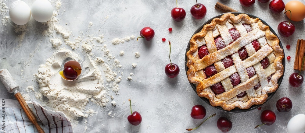 Poster Cherry pie baking ingredients fresh cherries flour egg cinnamon and a rolling pin on a rustic white table Background arrangement with available text space Top view flat lay style