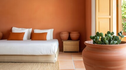 Mediterranean villa interior with regional ceramics, textured walls, and warm colors, expressing cultural identity through coastal design, relaxed living atmosphere