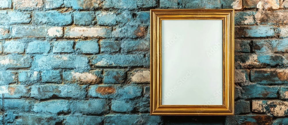 Poster Empty golden picture frame against a brick wall backdrop. with copy space image. Place for adding text or design