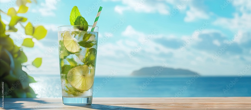 Poster Mojito cocktail on a table with a sea backdrop. with copy space image. Place for adding text or design