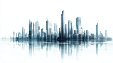 Obraz premium Futuristic cityscape with towering skyscrapers reflecting in calm waters