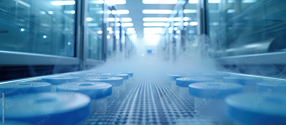 Aufkleber Blurred abstract background of an ultra low temperature freezer used for specimen storage in laboratory testing at a medical hospital. with copy space image. Place for adding text or design