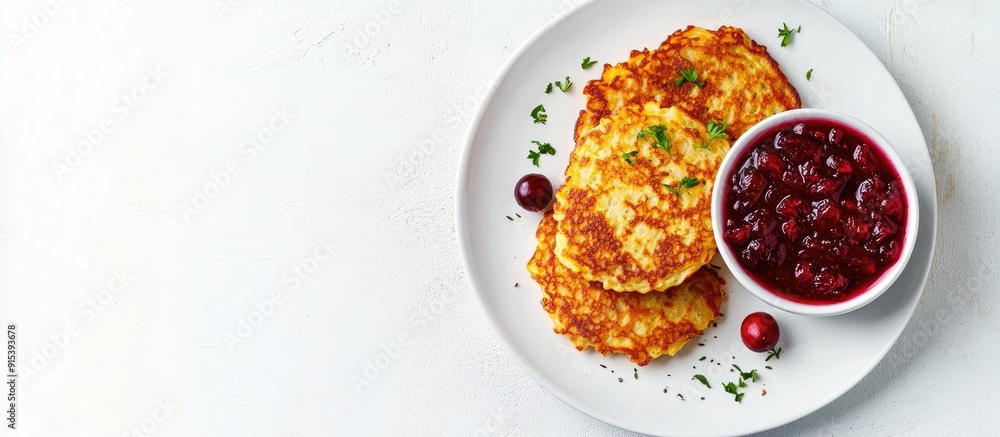Poster Potato pancakes served with cranberry sauce on a white plate against a white background. with copy space image. Place for adding text or design