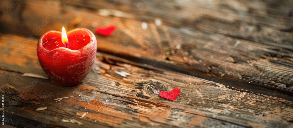 Poster Red heart shaped candles burning on a rustic white wooden table Background for Valentine s Day and Mother s Day Toned image with soft focus. with copy space image. Place for adding text or design