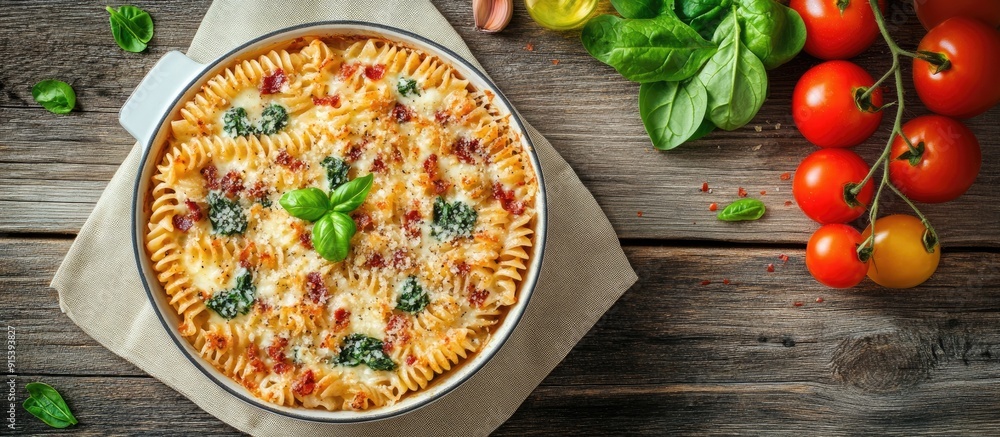 Fototapete baked homemade fusilli pasta with bacon cream spinach and fresh cherry tomatoes rests on a napkin on