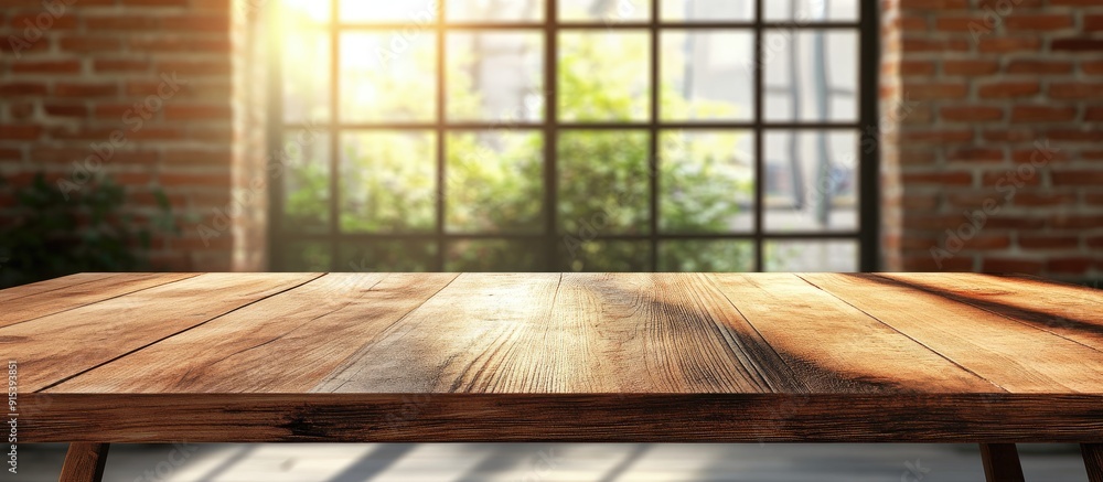 Aufkleber empty wooden tabletop and blurred glass window sunlight casting shadows on the wall solid color text