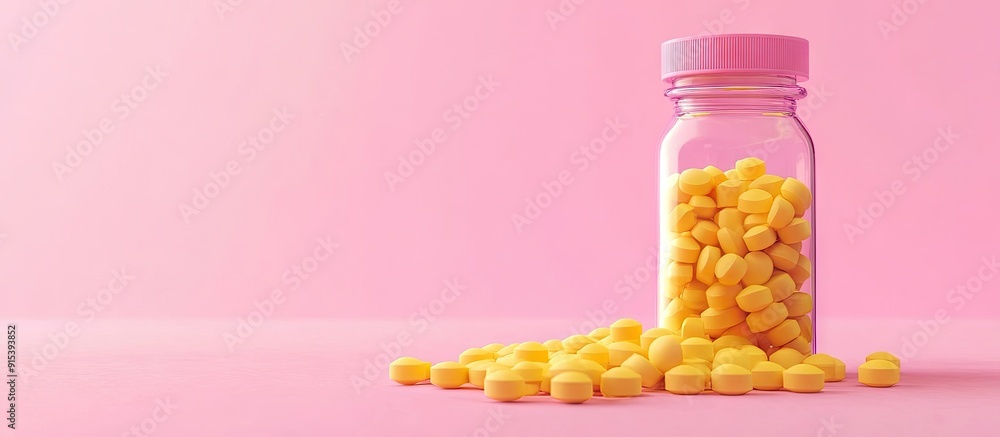 Poster bottle with yellow pills spilled on a pink background pharmacy theme. with copy space image. place f