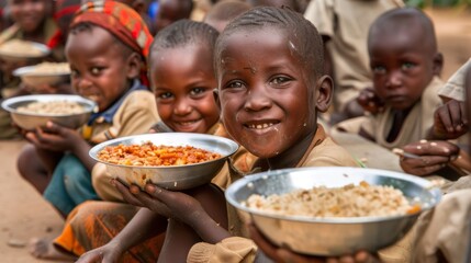 A group of children are smiling and eating food
