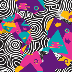 Fun colorful line doodle pattern. Creative minimalist style art background for children or trendy design with basic shapes.