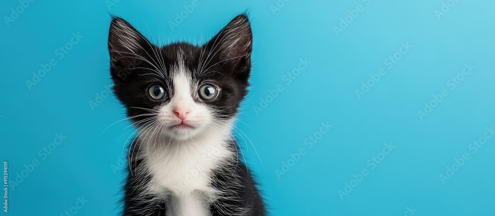 Poster black and white kitten set against a blue background. with copy space image. Place for adding text or design