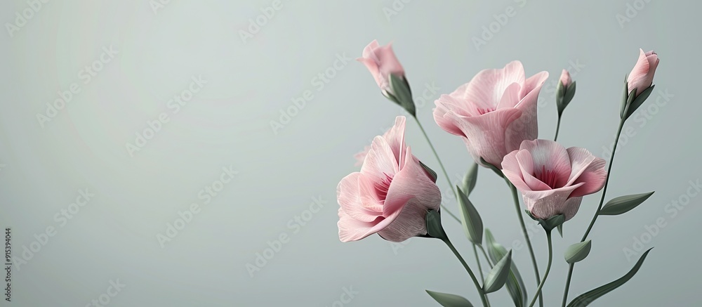 Leinwandbilder delicate pink blooms of the eustoma or lisianthus plant set against a light gray background. with co