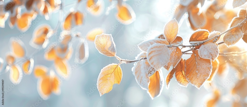 Poster frosty yellow leaves on a tree branch in the garden. with copy space image. place for adding text or