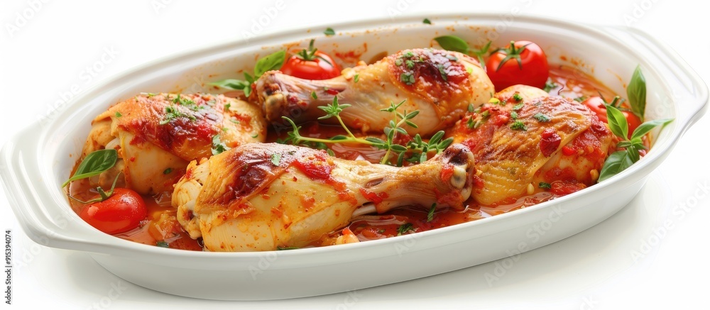 Leinwandbilder baked chicken in spicy tomato sauce on a white background isolated. with copy space image. Place for adding text or design