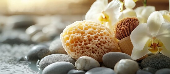 Indulging in a Turkish bath and sensual experiences A natural sponge and wooden facial dry brush for detox and wellness set atop pure orchids and zen pebbles copyspace
