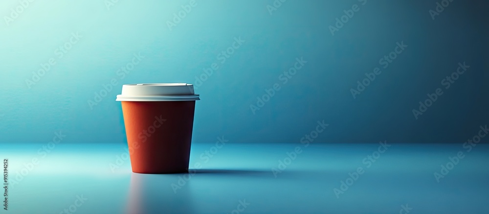 Poster one cup of takeaway coffee on a blue backdrop. with copy space image. place for adding text or desig
