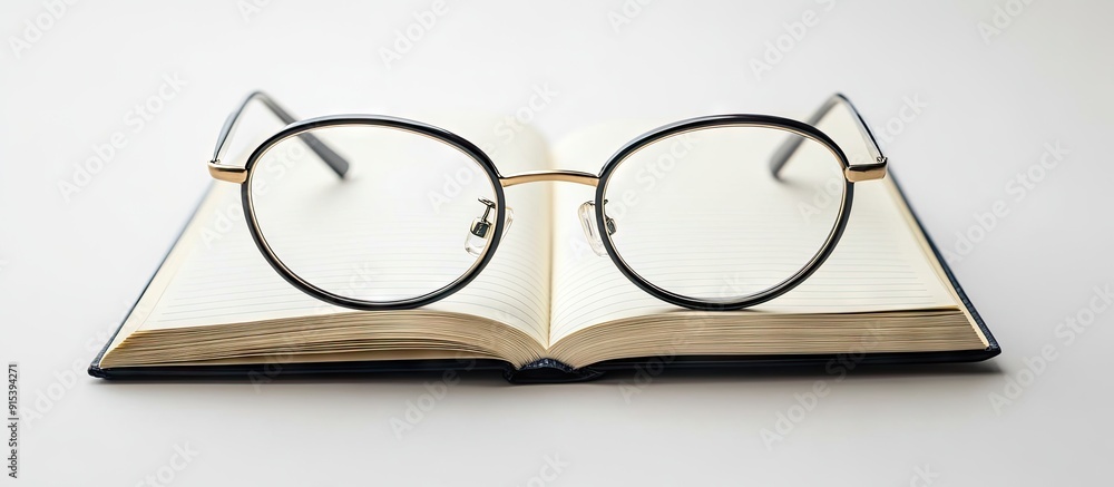 Aufkleber a notebook with pages arranged in a row on a light background glasses with metal frames available space for text. with copy space image. Place for adding text or design