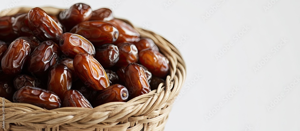 Aufkleber close up of dates in a woven basket against a white background ramadan theme. with copy space image.