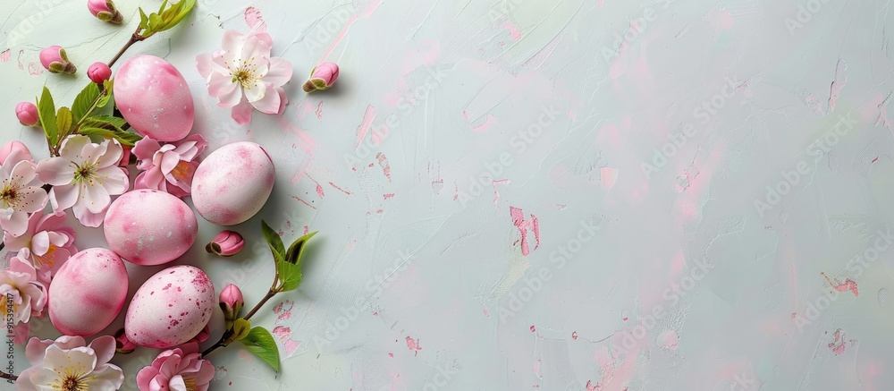 Poster easter backdrop featuring pink handmade easter eggs and spring flowers top view flat lay background 
