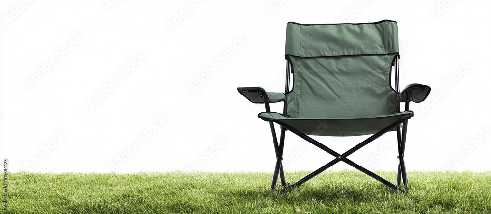 Poster Folding camp chair viewed from the front on grass with a white background. with copy space image. Place for adding text or design