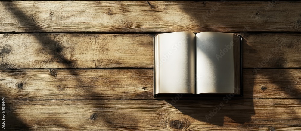 Poster top view of a book placed on a light brown wooden table. with copy space image. Place for adding text or design