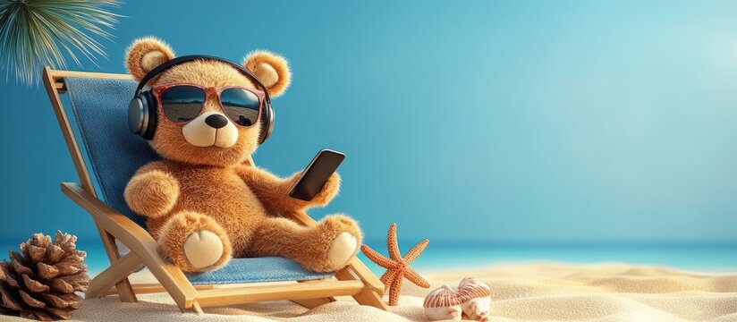 Teddy bear wearing sunglasses and headphones enjoying the radio from a smartphone relaxing in a beach chair alongside a starfish and pine cone Summer vacation theme Copyspace background - Powered by Adobe