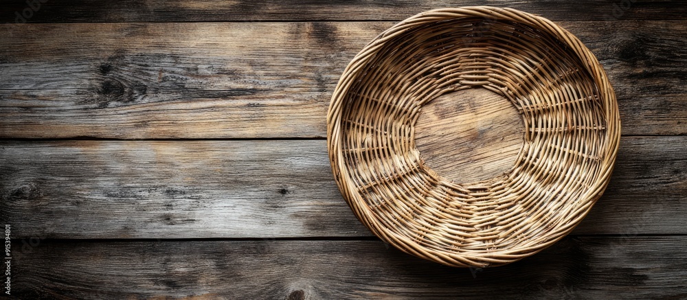 Poster An empty wicker basket tray featuring a circular pattern on a weathered wood background with copy space