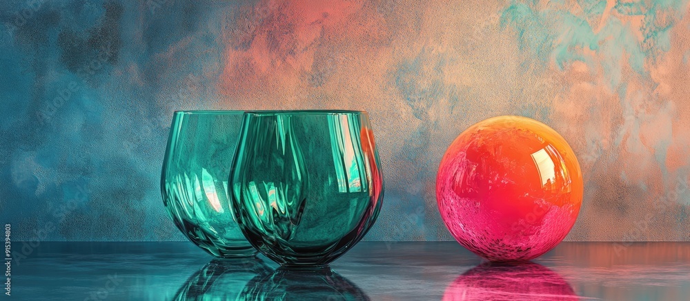 Poster Green and blue glassware alongside a vibrant pink ball on a textured background with reflection. with copy space image. Place for adding text or design