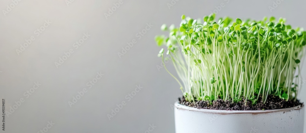 Aufkleber Close up of micro green pea sprouts in a pot with soil on a white background Represents healthy food and lifestyle. with copy space image. Place for adding text or design