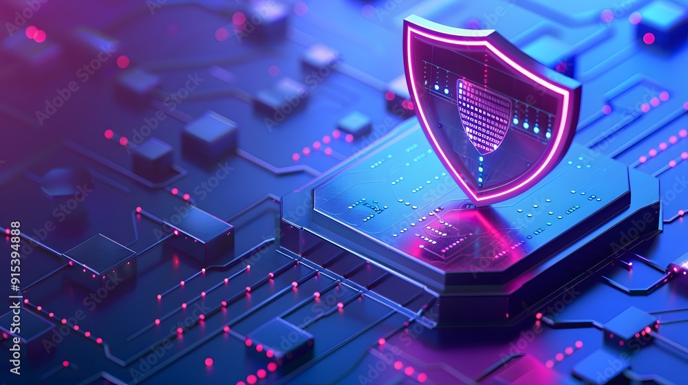 Poster futuristic cybersecurity concept with glowing shield icon on a computer chip, symbolizing data prote