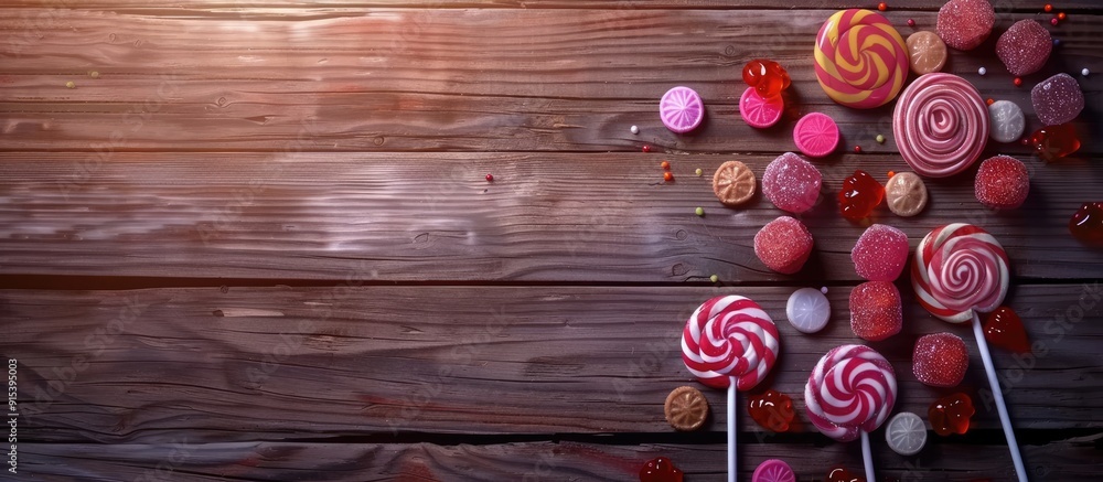 Poster lollipops with sugary treats on the wooden table. with copy space image. place for adding text or de