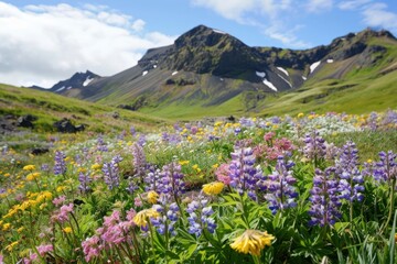 Fototapeta premium Flowers on mountain land wilderness landscape.