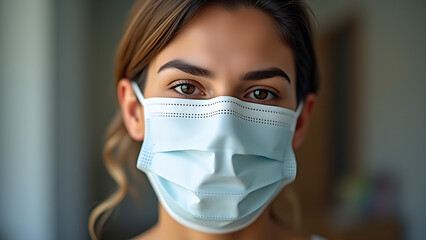 A woman wearing a white surgical mask