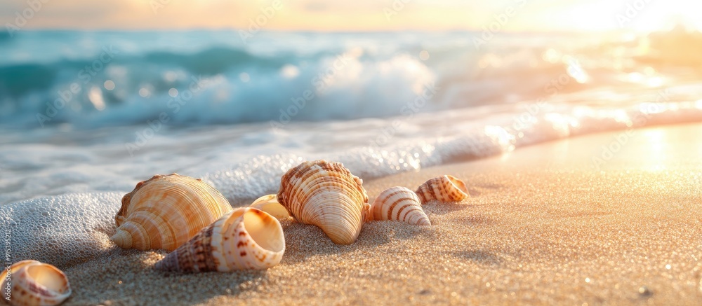 Poster seashells on the beach on the sand. with copy space image. Place for adding text or design