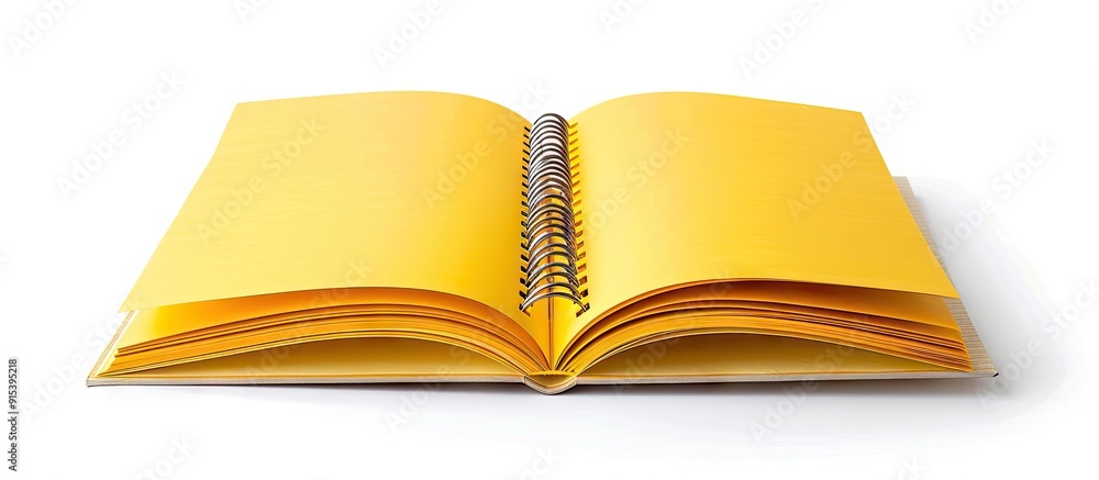 Fototapete Opened square notebook with staple binding isolated on a white background featuring yellow pages as the backdrop. with copy space image. Place for adding text or design