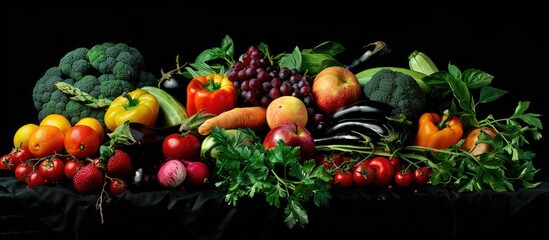 Fresh vegetables and fruits against a black background Packed with vitamins and minerals Top view Copyspace for your text © vxnaghiyev