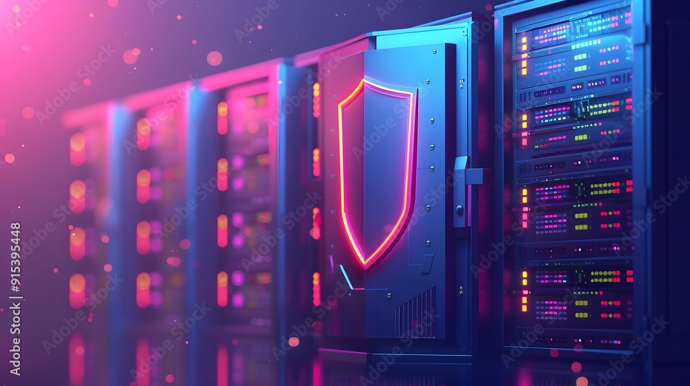 Poster futuristic data center server room with cyber security shield. high-tech infrastructure and digital 