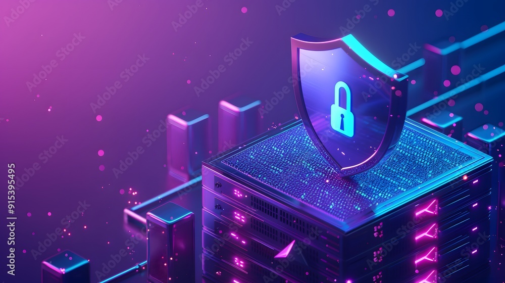 Poster futuristic data center with glowing server stacks and a floating shield icon, representing cybersecu