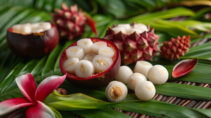 a halved mangosteen, showcasing the juicy white segments inside, placed on a banana leaf with a few whole mangosteens and tropical flowers around