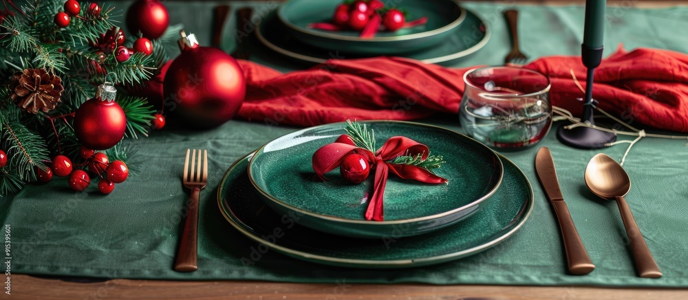 Poster Christmas table setting featuring decor plates knife fork and spoon Holiday background for Christmas Top view. with copy space image. Place for adding text or design