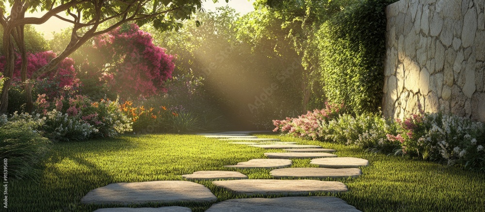 Aufkleber fascinating walkway in the yard. with copy space image. Place for adding text or design