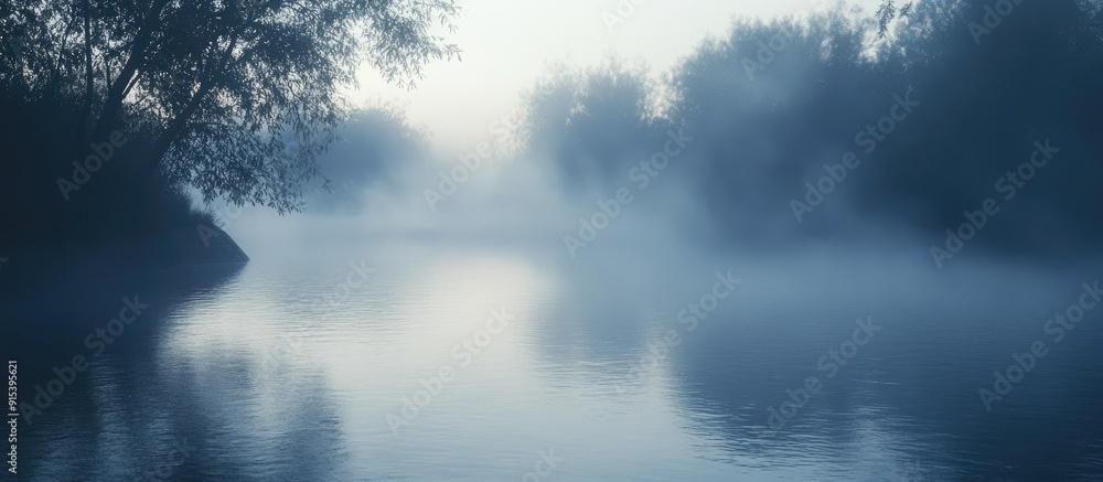 Aufkleber a river in the early morning mist. with copy space image. place for adding text or design