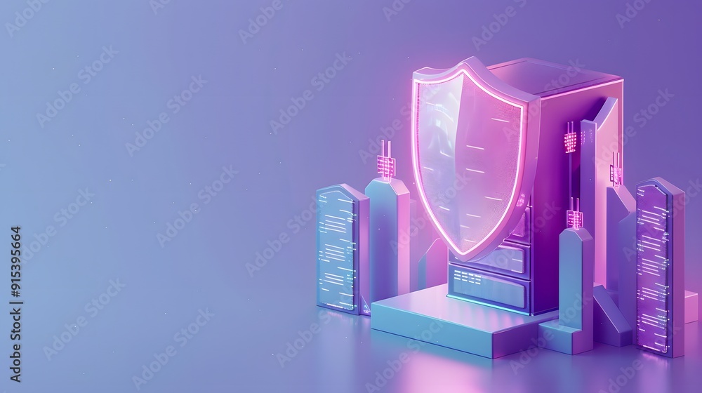 Poster futuristic data security concept with illuminated shield and server in neon colors, representing cyb