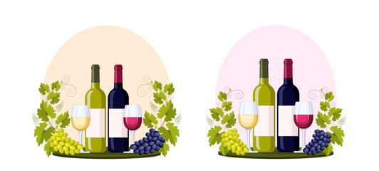 A bottle and glass of red wine and a grape branch with bunches of grapes and leaves. Ornament, pattern, design element. Wine and winemaking concept. Vector vintage pattern for menu and wine labels.