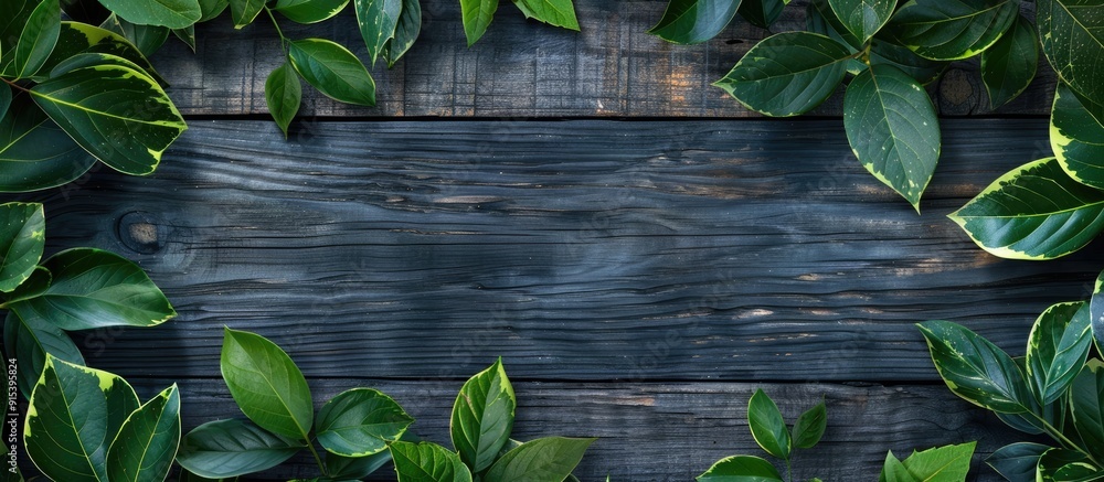 Poster green tropical leaves arranged on a dark wooden background flatlay. with copy space image. place for