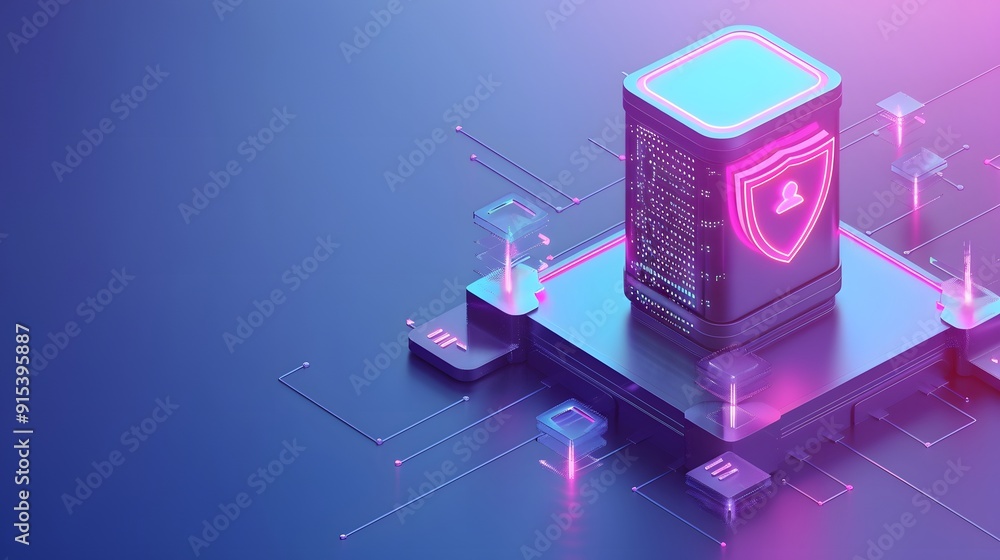 Poster futuristic data server with a glowing shield icon for cybersecurity and data protection in a high-te