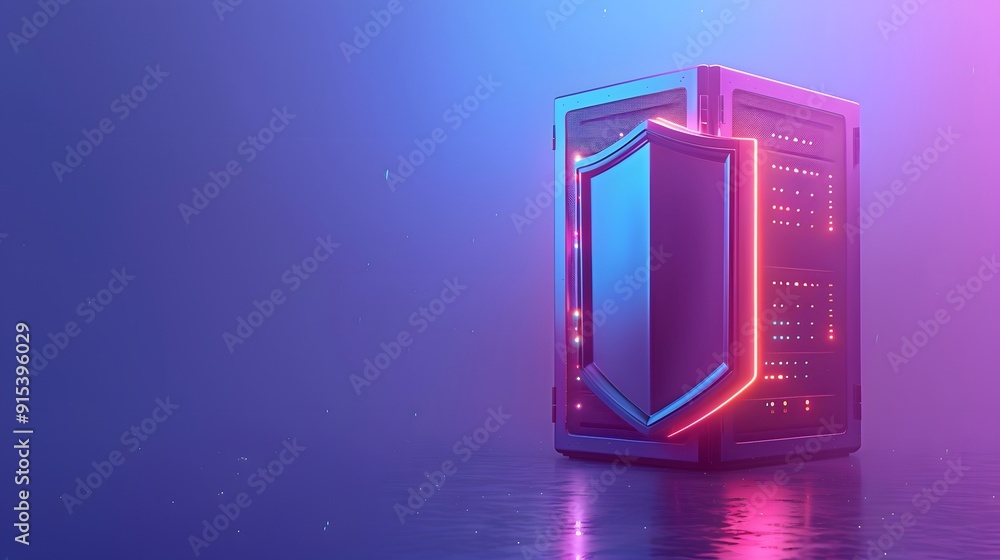 Poster Futuristic data server with glowing neon shield, representing cybersecurity and advanced technology in digital networks.