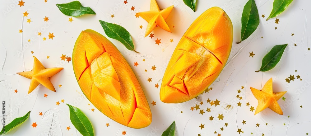 Leinwandbilder top view of star fruits on a white background with yellow watercolor. with copy space image. place f