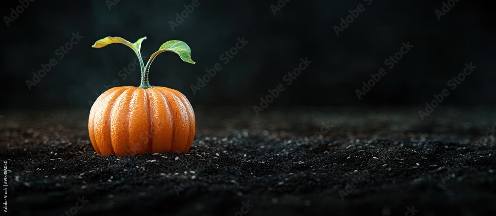 Poster pumpkin with sprouting seeds on a black background. with copy space image. place for adding text or 