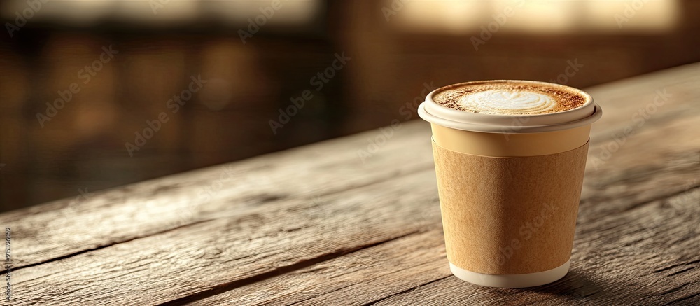 Aufkleber Close up of a mocha latte coffee cup on a wooden table. with copy space image. Place for adding text or design
